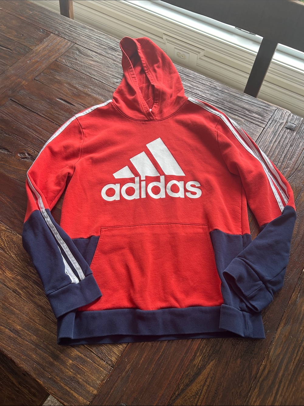adidas Red and Navy Colorblock Hoodie with White Logo